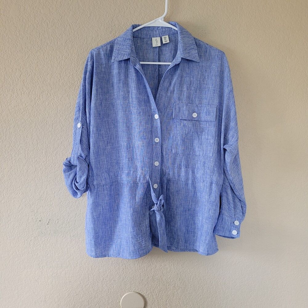 Joie Chambray Blue Tie Front Button Tunic M Roll Tab Sleeves Lightweight Coastal